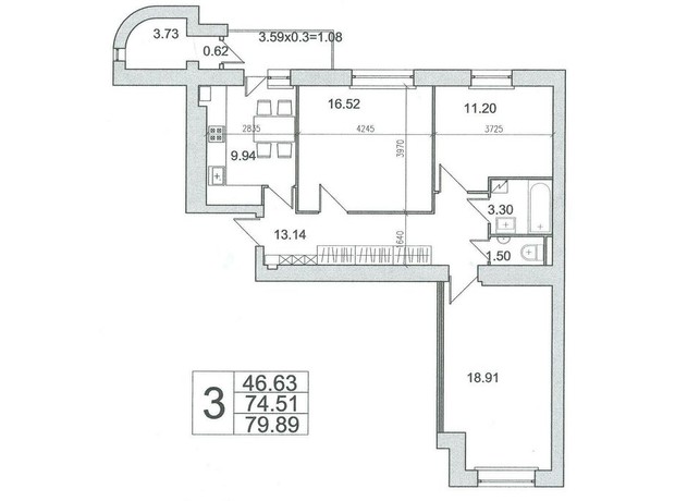 ЖК вул. Володимира Великого, 5б: планування 3-кімнатної квартири 81.1 м²