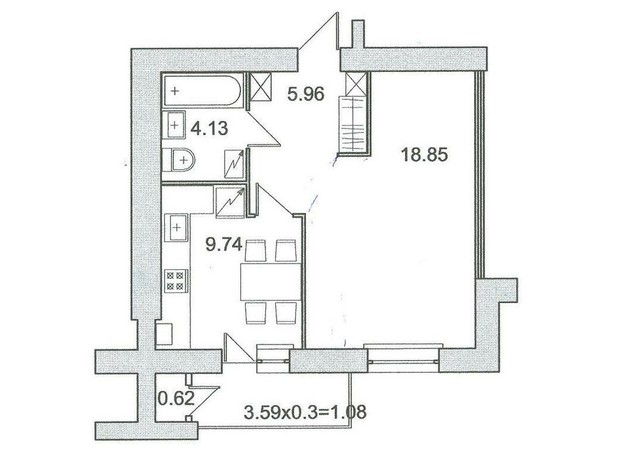 ЖК вул. Володимира Великого, 5б: планування 1-кімнатної квартири 40.38 м²