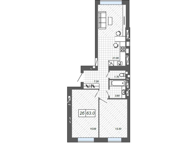 ЖК Нові Метри п27: планування 2-кімнатної квартири 63 м²