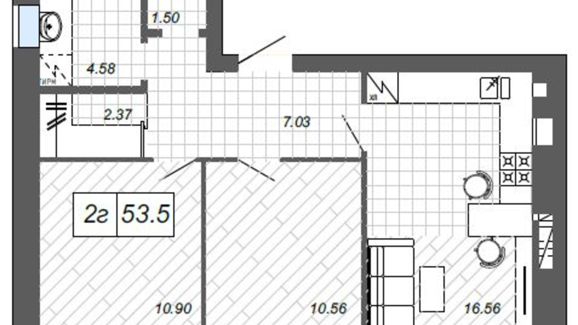 Планування 2-кімнатної квартири в ЖК Нові Метри п27 53.5 м², фото 478347