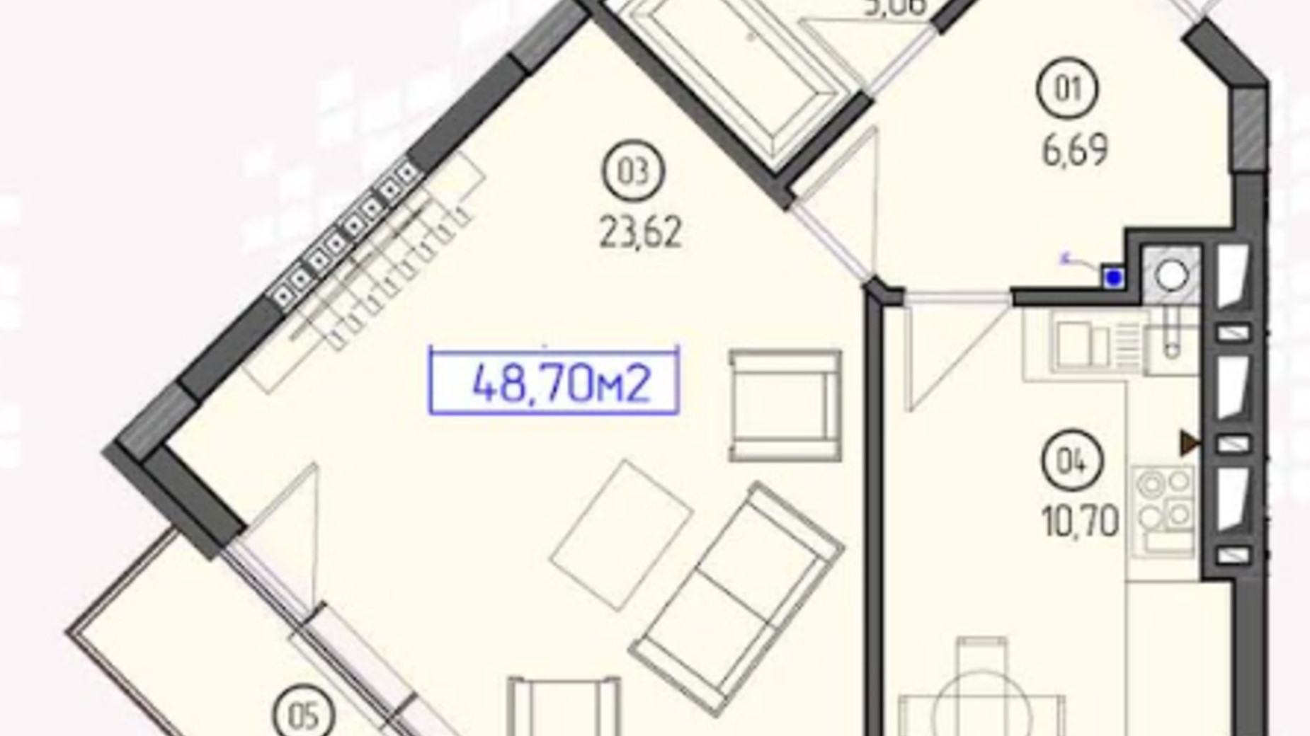 Планування 1-кімнатної квартири в ЖК Доломіт 48.7 м², фото 478553
