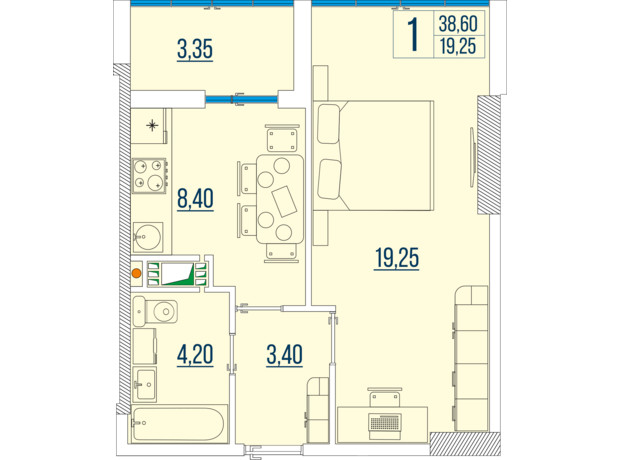 ЖК Бульвар Акаций: планировка 1-комнатной квартиры 36.6 м²