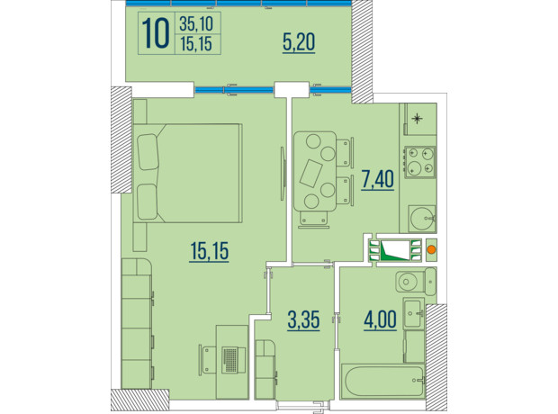 ЖК Бульвар Акаций: планировка 1-комнатной квартиры 35.1 м²