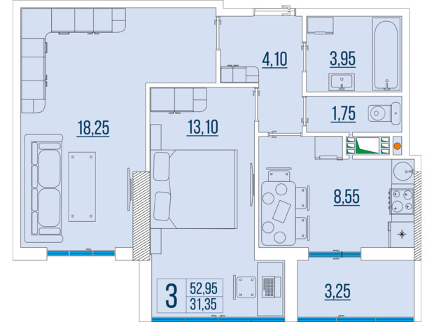 ЖК Бульвар Акаций: планировка 2-комнатной квартиры 53 м²