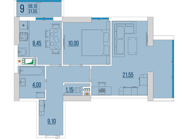 ЖК Бульвар Акацiй: планування 2-кімнатної квартири 58.4 м²