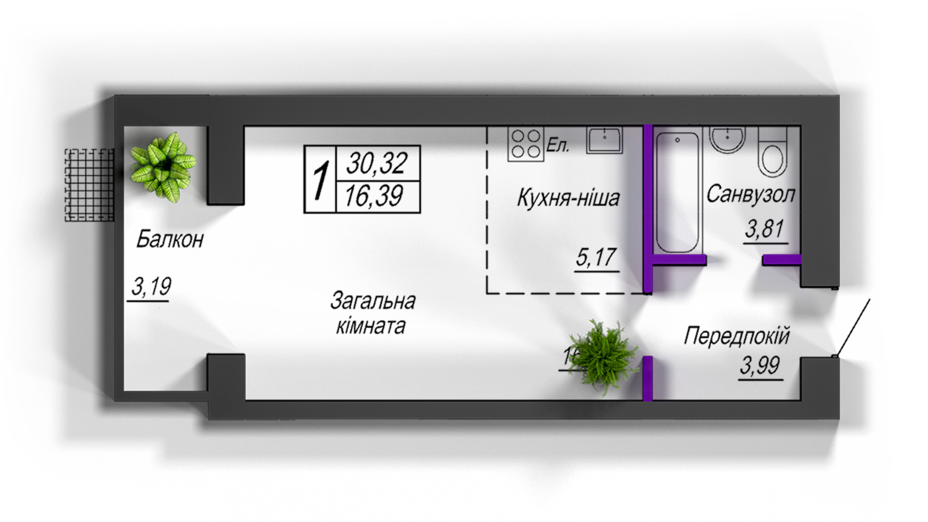 Планировка смарт квартиры в ЖК Домашний 2 30.33 м², фото 478652