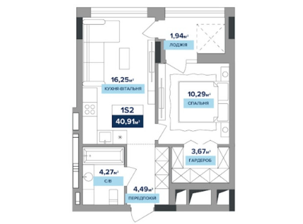 ЖК River Dale: планування 1-кімнатної квартири 40.91 м²