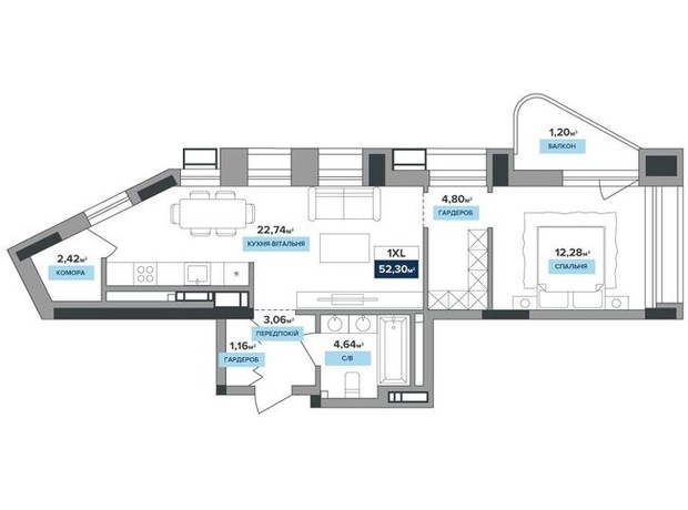 ЖК River Dale: планировка 1-комнатной квартиры 52 м²