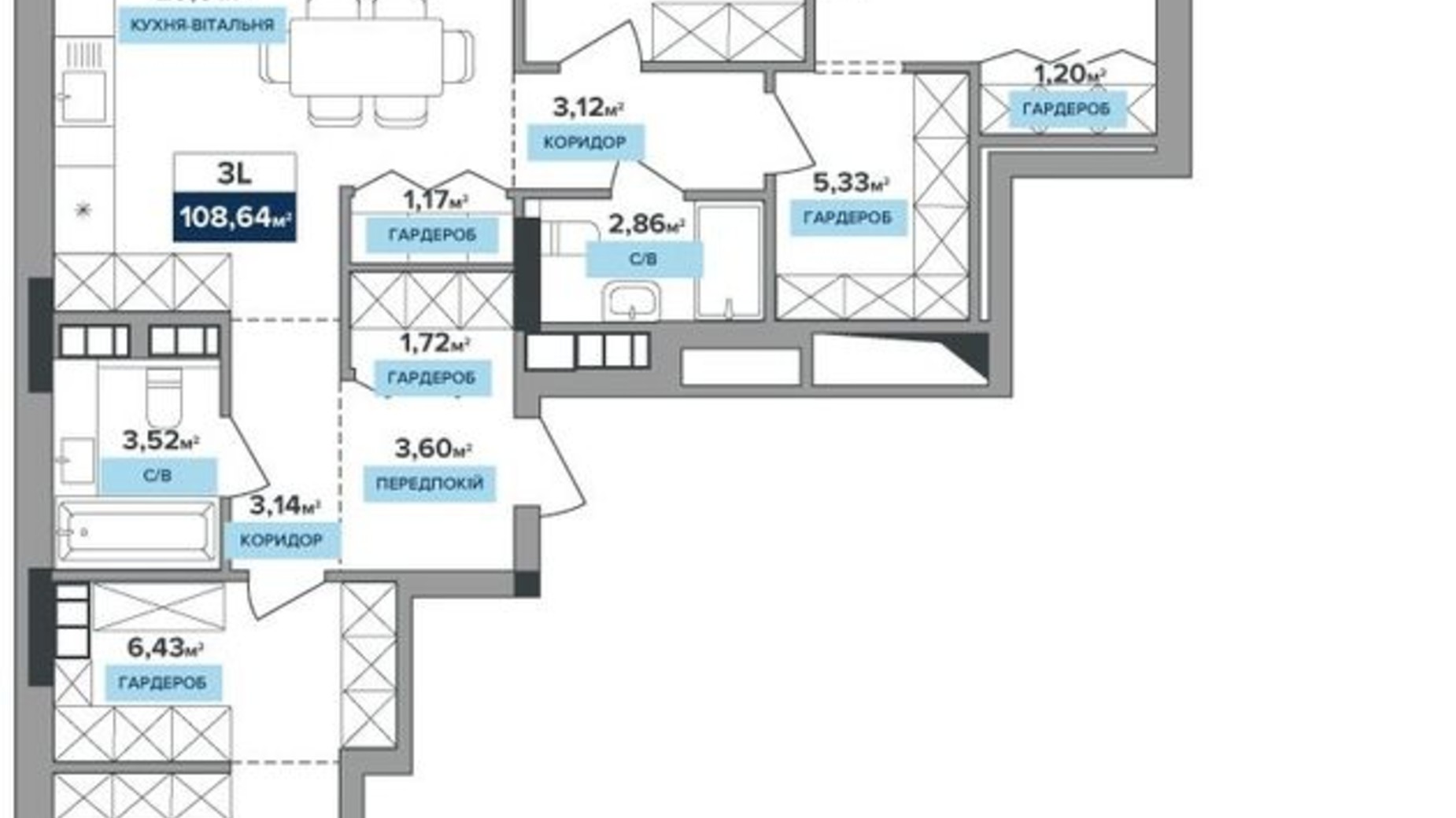 Планировка 3-комнатной квартиры в ЖК River Dale 108.64 м², фото 479135