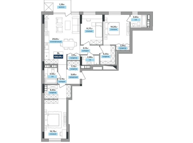 ЖК River Dale: планировка 3-комнатной квартиры 108.64 м²