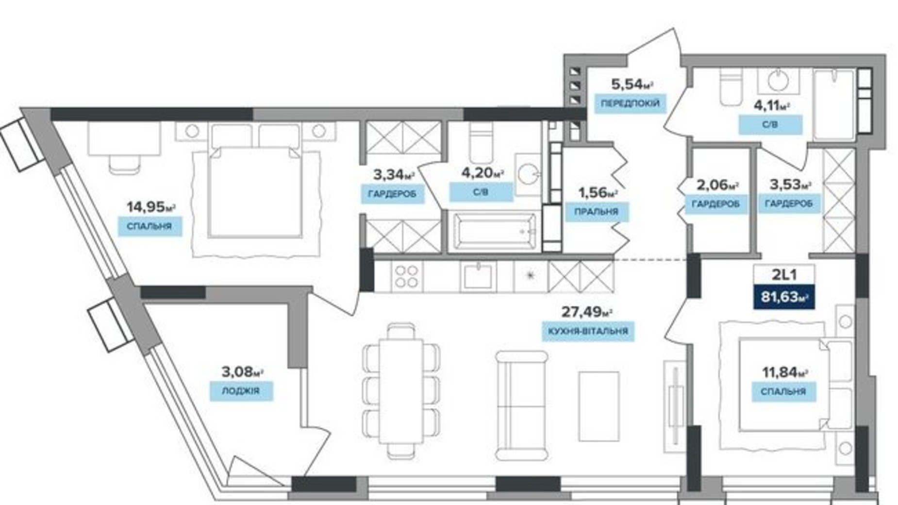 Планировка 2-комнатной квартиры в ЖК River Dale 81.63 м², фото 479143