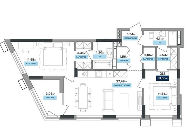 ЖК River Dale: планировка 2-комнатной квартиры 81.63 м²