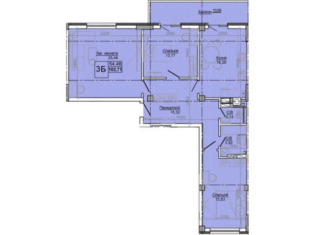 ЖК Центральний : планування 3-кімнатної квартири 102.71 м²