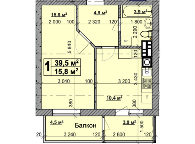 ЖК Vilar: планировка 1-комнатной квартиры 39.5 м²