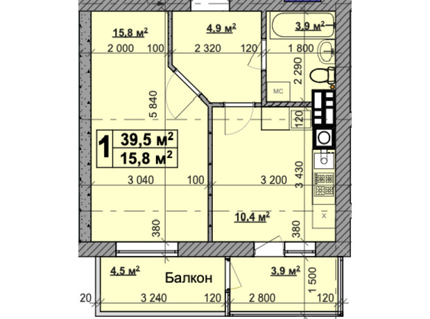 ЖК Vilar: планування 1-кімнатної квартири 39.5 м²