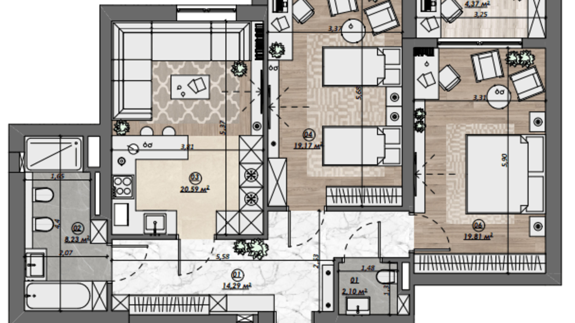 Планировка 2-комнатной квартиры в ЖК Dynastia BC 88.6 м², фото 481468