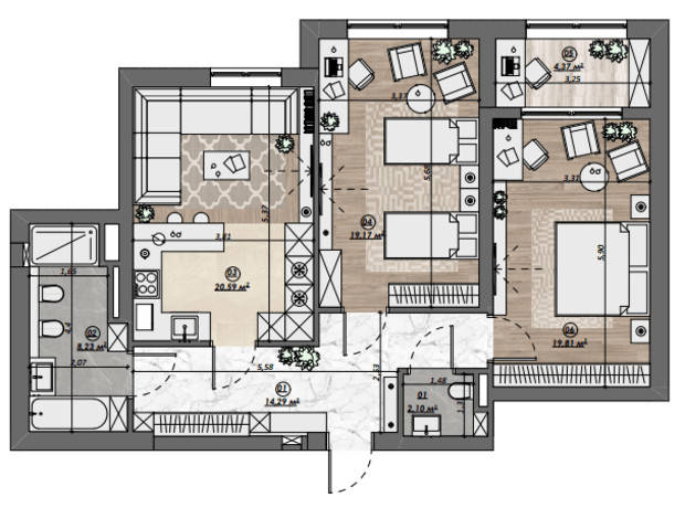 ЖК Dynastia BC: планировка 2-комнатной квартиры 88.6 м²