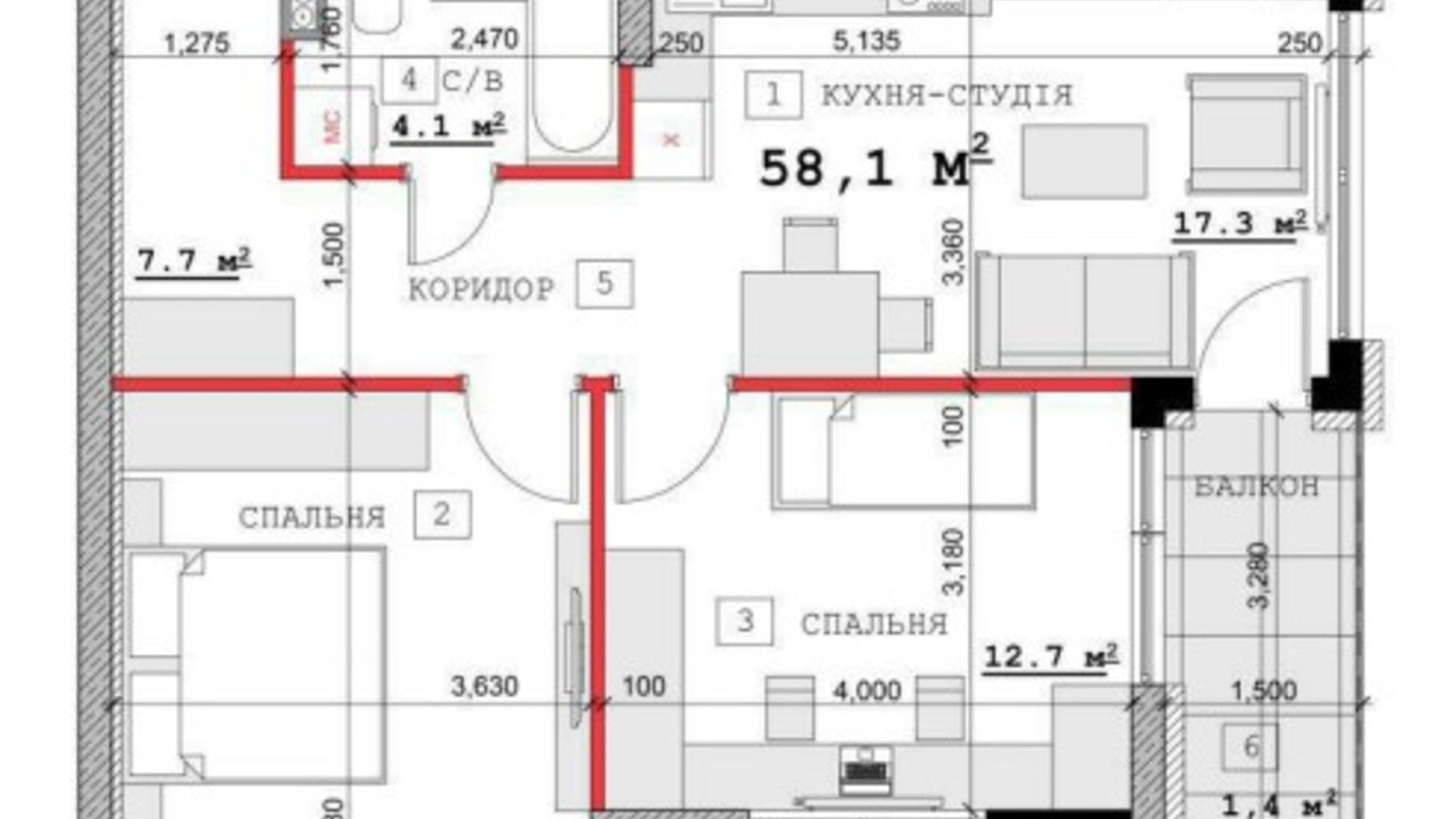 Планування 2-кімнатної квартири в ЖК вул. Павла Скоропадського, 14, 16б,16в 60.78 м², фото 481594