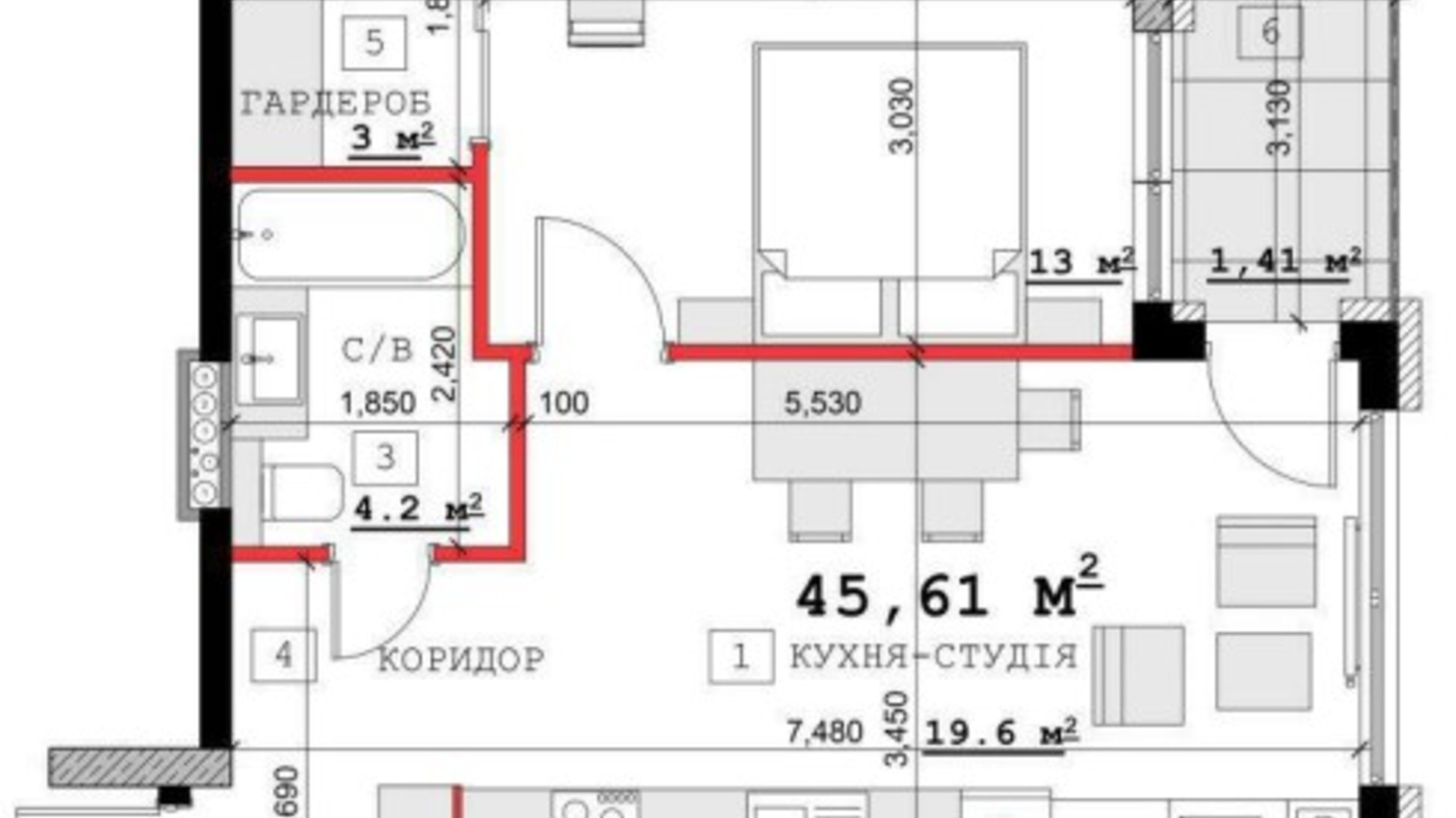 Планировка 1-комнатной квартиры в ЖК ул. Павла Скоропадского, 14, 16б,16в 47.59 м², фото 481595