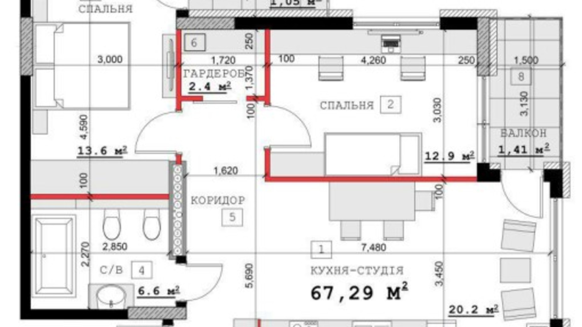 Планировка 2-комнатной квартиры в ЖК ул.Суворова, 14, 16б,16в 71.46 м², фото 481599