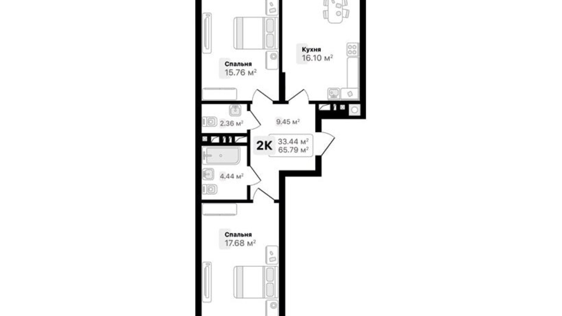 Планировка 2-комнатной квартиры в ЖК Auroom Forest 65.79 м², фото 482117