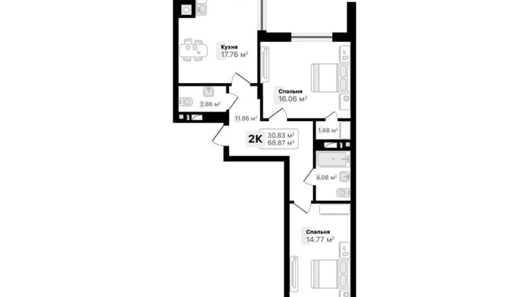 Планування 2-кімнатної квартири в ЖК Auroom Forest 68.87 м², фото 482118