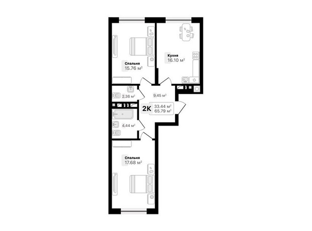 ЖК Auroom Forest: планировка 2-комнатной квартиры 65.79 м²