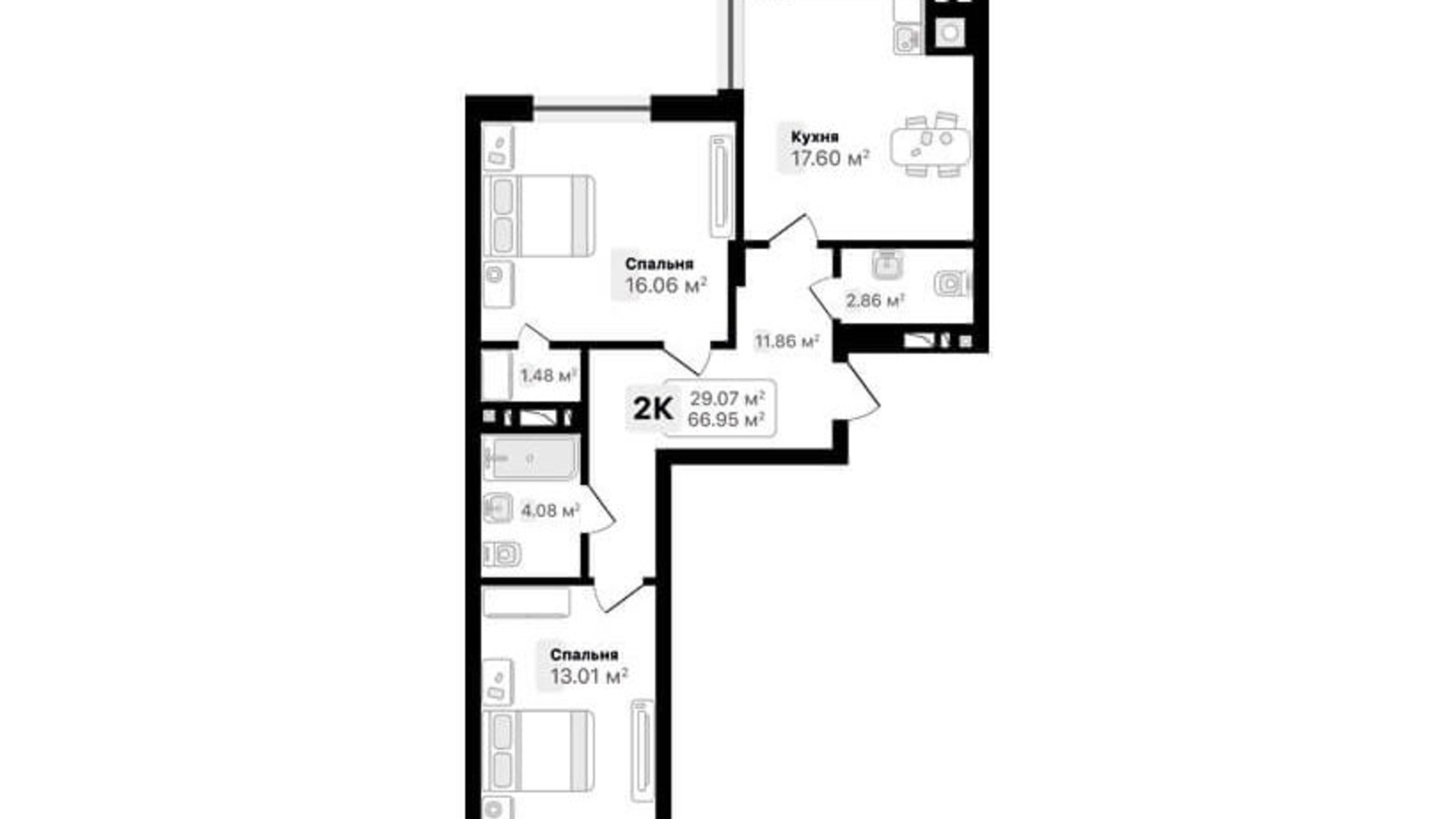 Планування 2-кімнатної квартири в ЖК Auroom Forest 66.95 м², фото 482120