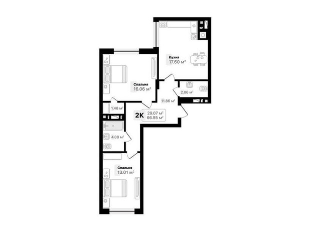 ЖК Auroom Forest: планировка 2-комнатной квартиры 66.95 м²