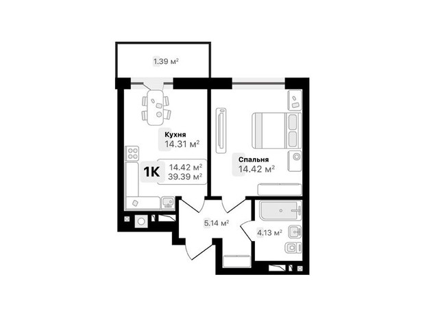 ЖК Auroom Forest: планировка 1-комнатной квартиры 39.39 м²