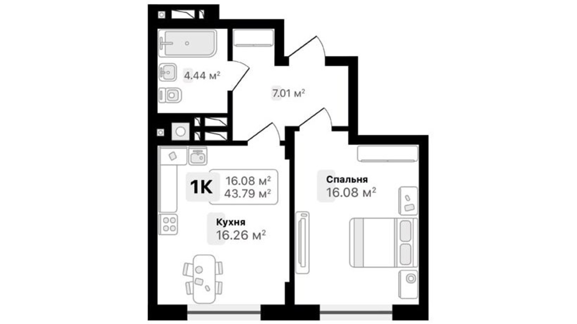 Планування 1-кімнатної квартири в ЖК Auroom Forest 43.79 м², фото 482127
