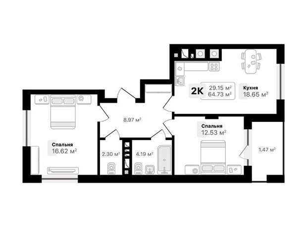 ЖК Auroom Forest: планировка 2-комнатной квартиры 64.73 м²