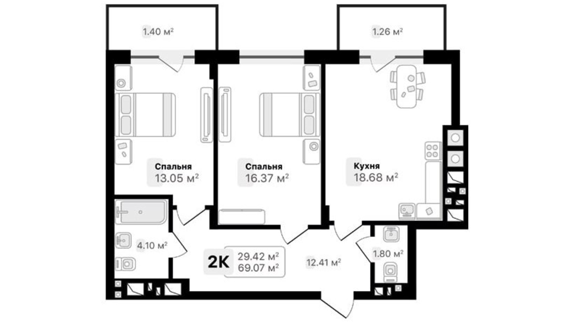 Планировка 2-комнатной квартиры в ЖК Auroom Forest 69.07 м², фото 482206