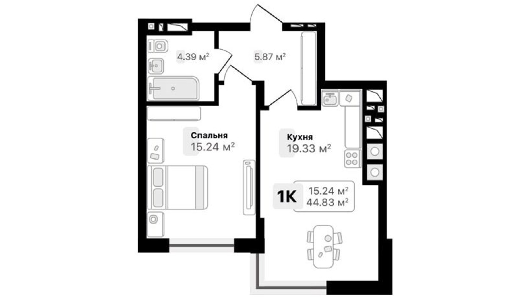 Планування 1-кімнатної квартири в ЖК Auroom Forest 44.83 м², фото 482208