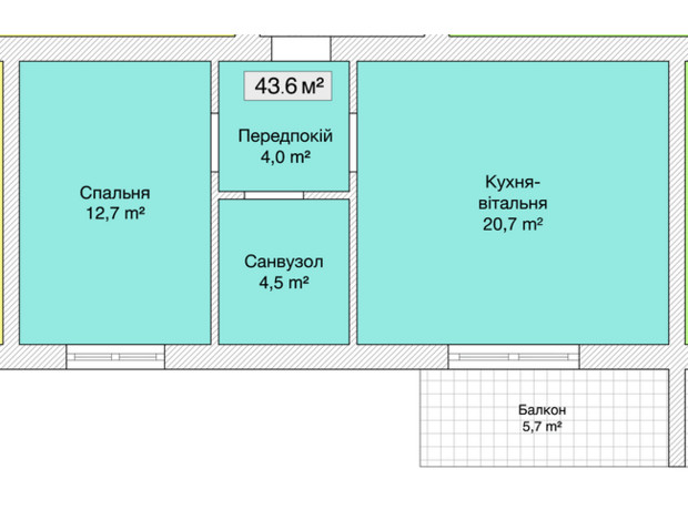 ЖК Княжий: планировка 1-комнатной квартиры 43 м²