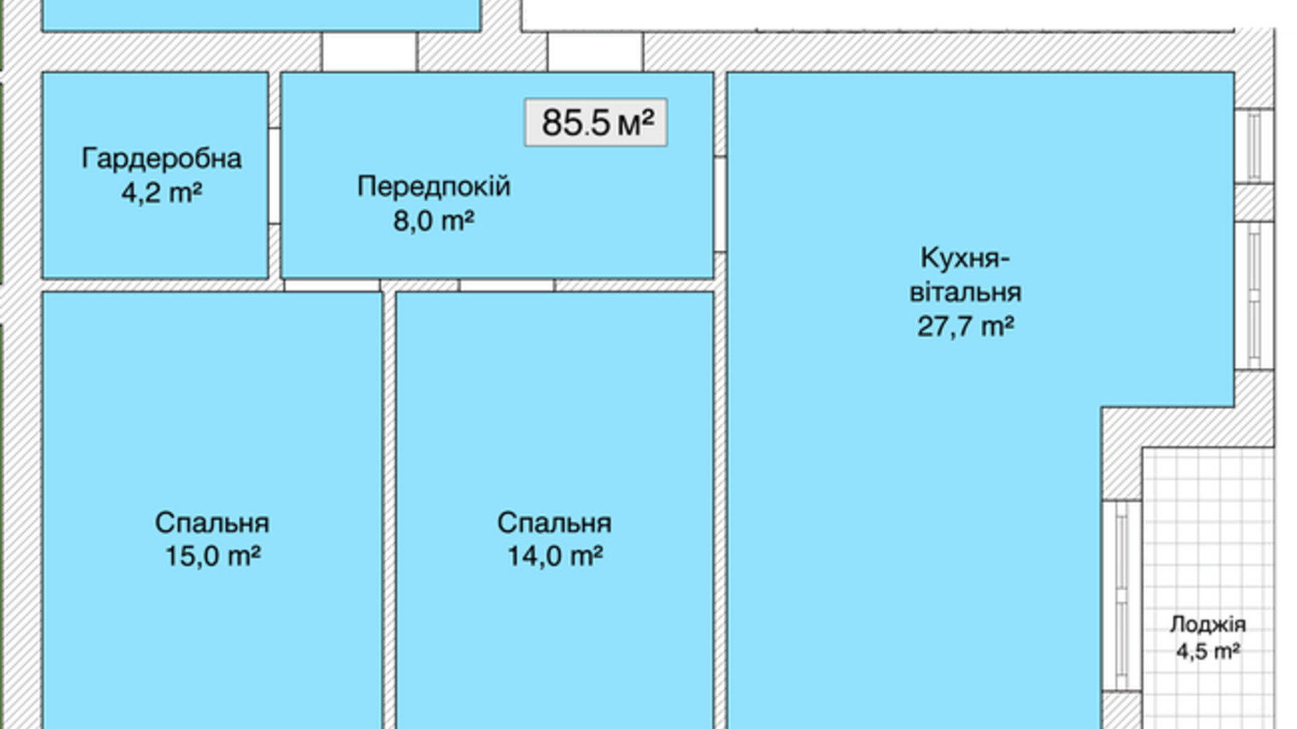 Планування 2-кімнатної квартири в ЖК Княжий 85.5 м², фото 484226