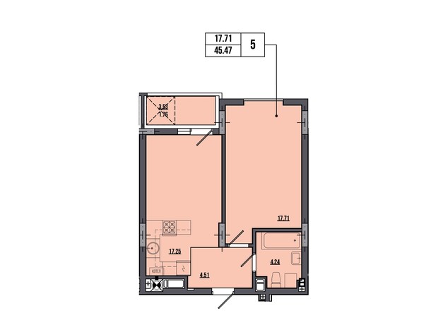 ЖК Маєток Винниківський: планировка 1-комнатной квартиры 45.47 м²
