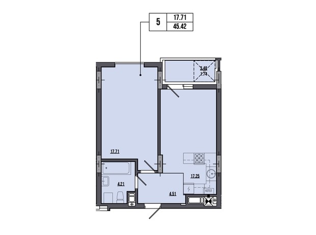 ЖК Маєток Винниківський: планировка 1-комнатной квартиры 45.42 м²
