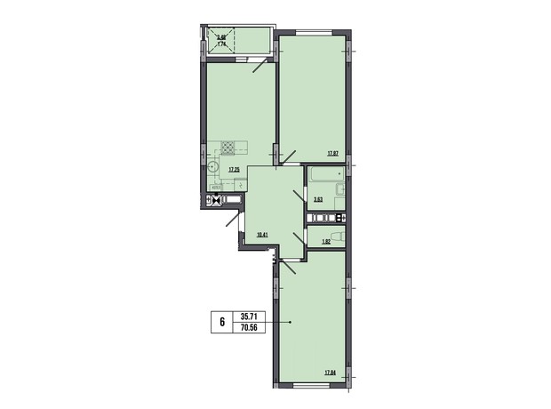 ЖК Маєток Винниківський: планування 2-кімнатної квартири 70.56 м²