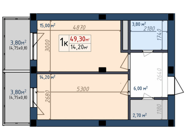 ЖК Азum: планировка 1-комнатной квартиры 49.3 м²