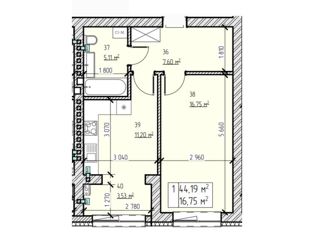 ЖК Стайл Хаус: планування 1-кімнатної квартири 44.19 м²