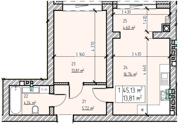 ЖК Стайл Хаус: планування 1-кімнатної квартири 45.13 м²
