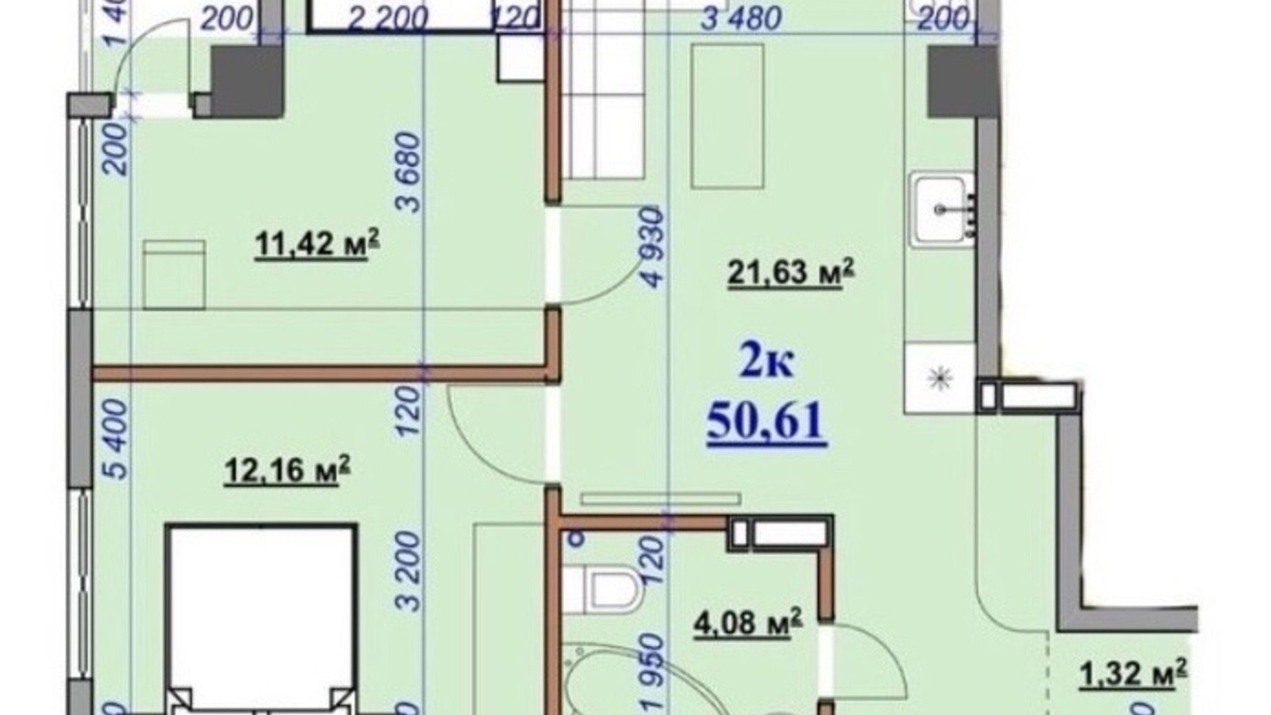 Планировка 2-комнатной квартиры в ЖК Grand Hall 50.6 м², фото 485116