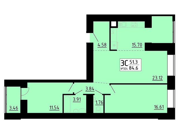 ЖК Кольоровий: планировка 3-комнатной квартиры 84.6 м²