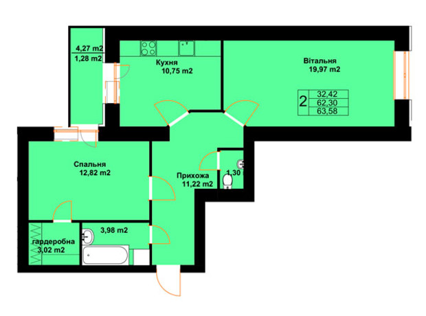 ЖК Бавария: планировка 2-комнатной квартиры 63.58 м²