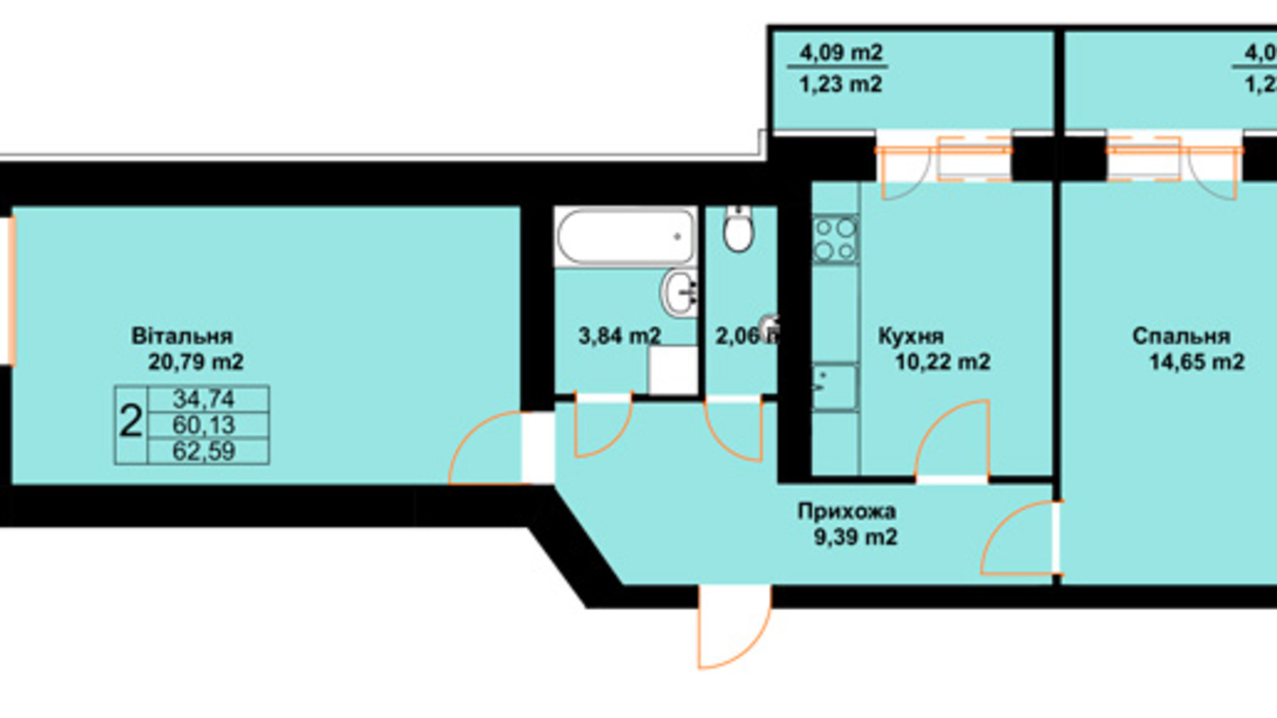 Планировка 2-комнатной квартиры в ЖК Бавария 62.59 м², фото 485204