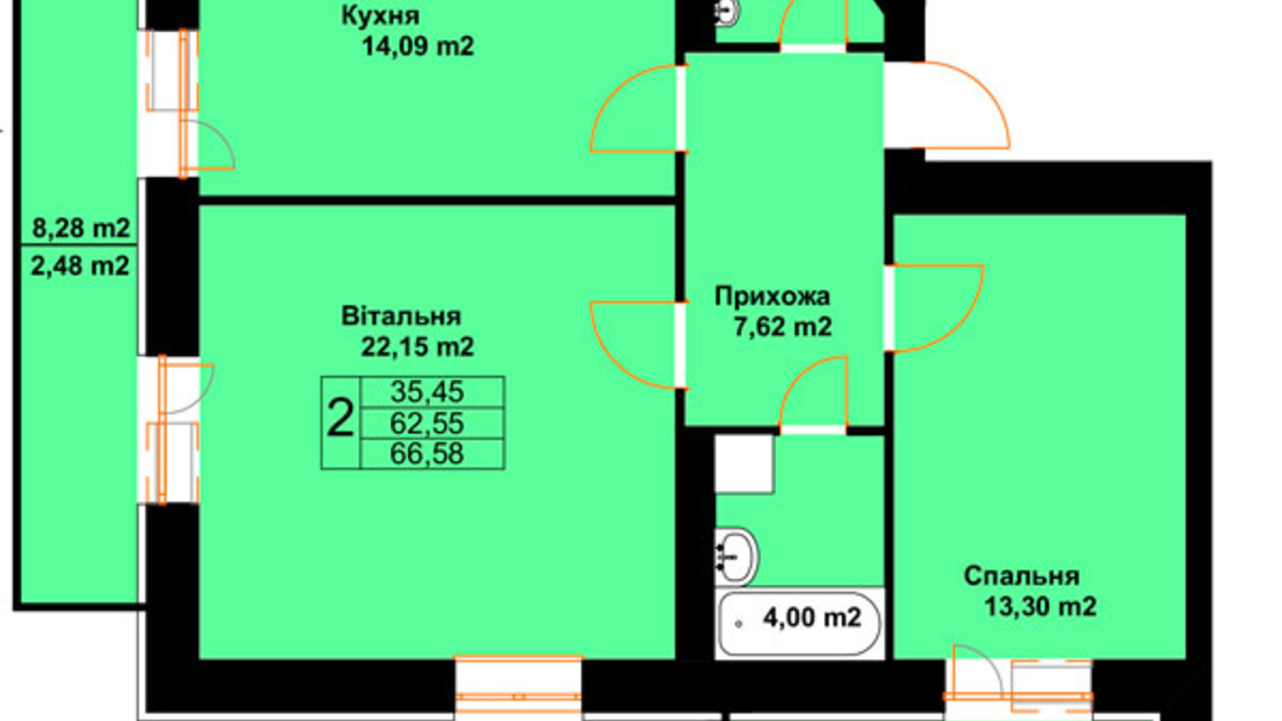 Планування 2-кімнатної квартири в ЖК Баварія 66.58 м², фото 485207