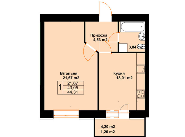 ЖК Бавария: планировка 1-комнатной квартиры 44.31 м²