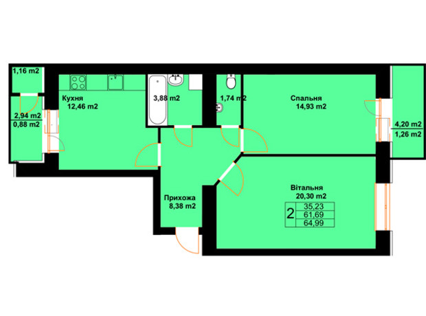 ЖК Баварія: планування 2-кімнатної квартири 64.99 м²