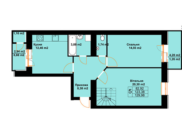 ЖК Баварія: планування 5-кімнатної квартири 129.98 м²